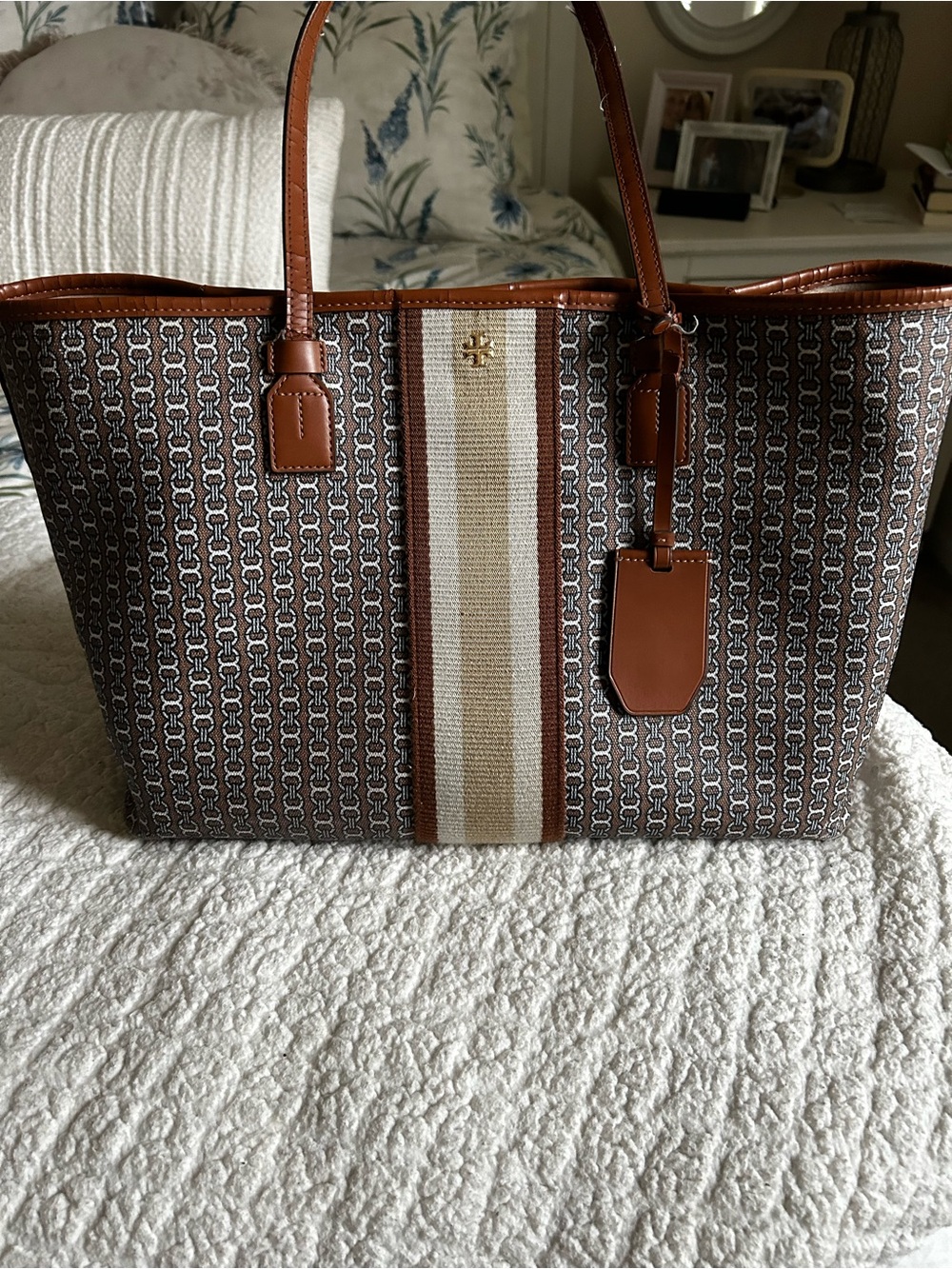Tory Burch Brown Logo Stripe Canvas Tote with Tan Leather